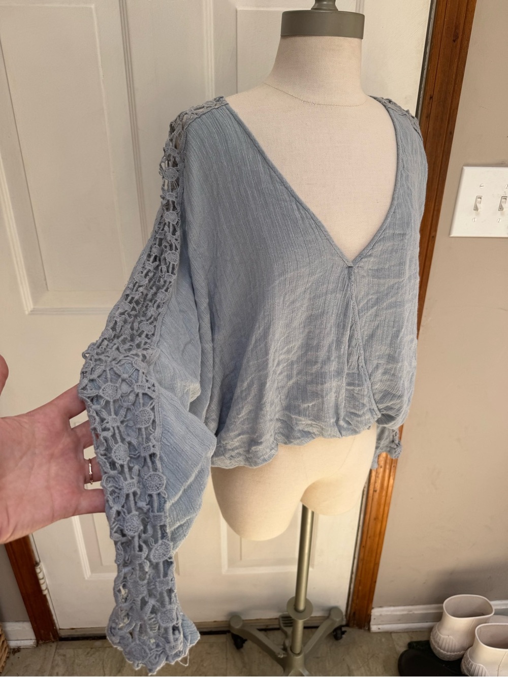 Free People Runaway Crochet Detail Blouse Sky Blue Mock Wrap Top M
